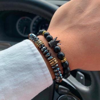 Bracelet avec breloques couronne et lion pour homme, 2 pièces en pierre mate