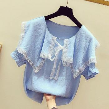 Blusa Casual de Manga Corta con Cuello Peter Pan y Encaje