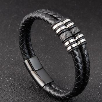 Pulsera de cuero multicapa para hombre, diseño Hip Hop Rock en color negro