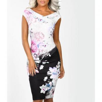 Power Trip Floral Print Dress, Women's V-Neck Style by Bzoosio