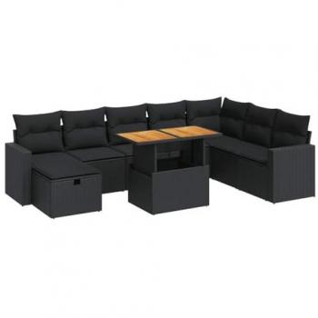 Acacia Wood and Black Poly Rattan 9 Piece Garden Sofa Set