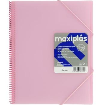 Carpetas A4 Maxiplás Rosa Soft: 30 fundas transparentes, tapa rígida, espiral 360°