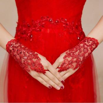 Elegant Ivory Lace Short Bridal Gloves with Rhinestones