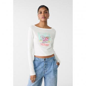 Ecru Langarmshirt mit Druck von Stradivarius XL