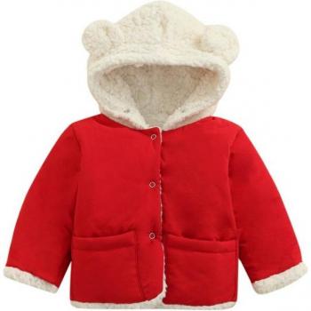 Infant Reversible Hooded Coat, Long Sleeve Buttoned Wadded Jacket for Boys and Girls, Beige/Red