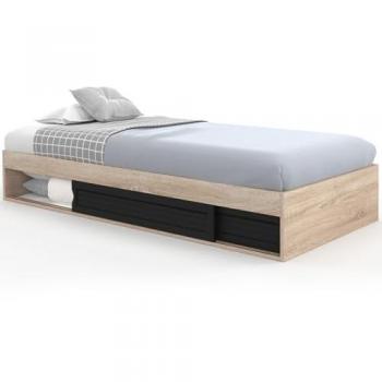 Lit simple Salem 90 × 190 cm – cadre bois hêtre/noir, sommier à lattes, tiroirs de stockage