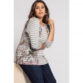 Maglia jersey a costine, motivo floreale, Donna, Grigio, Taglia: 60/62, Cotone/Poliestere