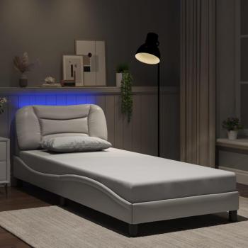VidaXL White Faux Leather Bed Frame with LED 90x190 cm