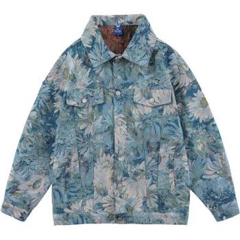 Vintage Flower Pattern Denim Jacket for Men and Women