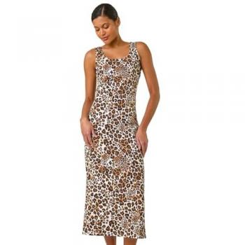 Robe à Bretelles Imprimé Animal 100% Coton Brun EU 46