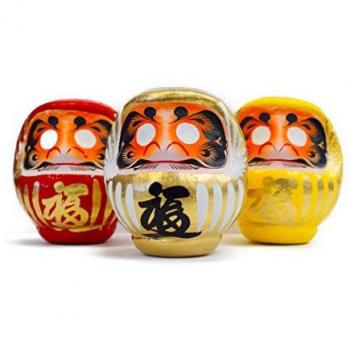 Lucky Promotion Daruma Figures (Red, Gold, Yellow) – 3‑Piece Set – 11×10×9 cm