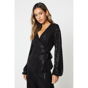 Dorothy Perkins Women's Sequin Waist Tie Wrap Top, Black, Size 8 UK