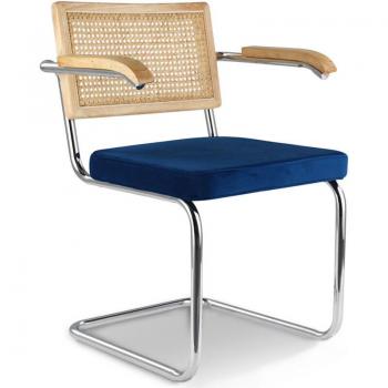 Sedia da pranzo con braccioli – Rivestimento vellutato – Legno & rattan – Martha Blu scuro