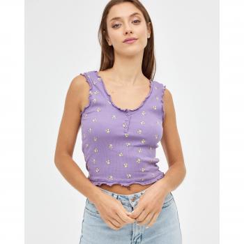 Camiseta corta de mujer de manga corta y escote redondo en tono morado con estampado, tirantes y cierre de botones frontales (INSIDE)