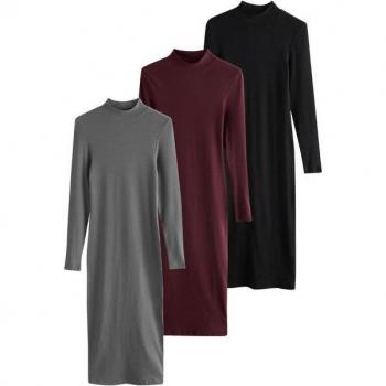 Collection 3‑Robes Bodycon à manches longues, col tortue et côtes, XS – Noir, Berry Red, Slate Grey