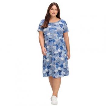 Jerseykleid in Blau mit Alloverdruck und Taschen, Größe 44