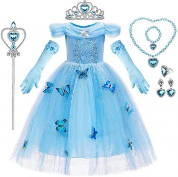 Ropa de Cuento: Princesa Cenicienta con Corona y Guantes para Niñas – 4-5 años – Azul Serenidad