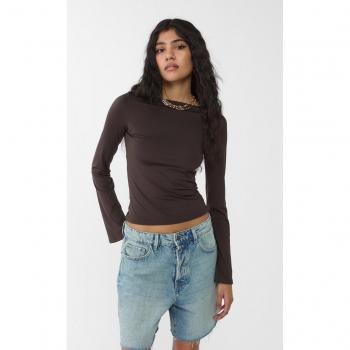 Boat-Neck Brown XL Polyamide Tee by Stradivarius