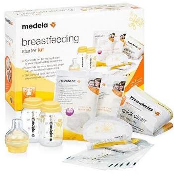 Medela Nursing Starter Set including Calma teat, 2 breast milk bottles, 5 pump and save bags, 12 disposable nursing pads, Purelan cream, and quick clean steam bag