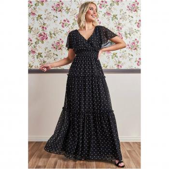 Goddiva Womens Polka Dot Tiered Chiffon Maxi Dress
