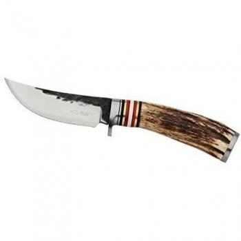 Ganli Survival-Messer, Outdoor-Jagdmesser, Gürtelmesser, Stahl 5CR15MOV, Geweihgriff, Ledertasche + Holzbox Sammlerstück
