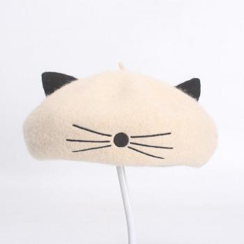 Women's Wool Beret with Cat Embroidery