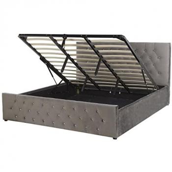 Beliani Doppelbett Amiens 180 × 200 cm – Grau, Samtstoff, hohes Kopfteil, klappbarer Bettkasten