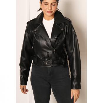ONLY Louie Women's Black Cropped Faux Leather Jacket with Belt