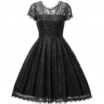 Black Scroop Neck Lace A‑Line Dress for Women