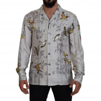 Dolce & Gabbana Men's White Bird Print Silk Satin Shirt