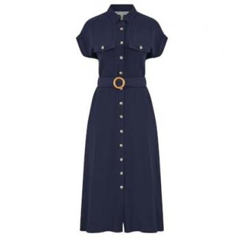 Yumi Navy Viscose Linen Look Midi Shirt Dress with Wooden Belt – Size 16