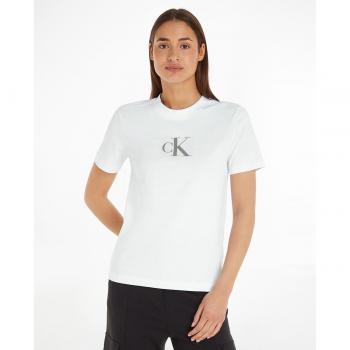 T-shirt slim bianca con logo grigio manica corta donna