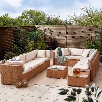 Orlando 10‑Seat Modular Patio Sofa, PE Rattan – Light Beige with Cushions and Tables