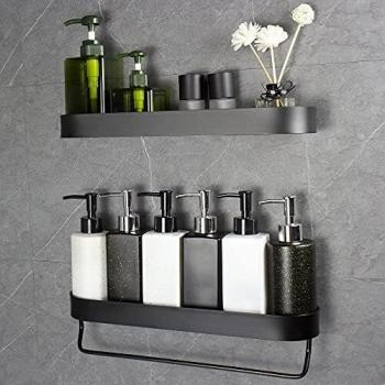 Shower Shelf Duo – Black Wall Rack with Towel Holder