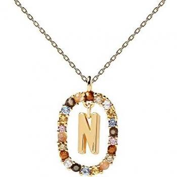 Collar Letra N Plata Baño oro 18kt. piedras colores