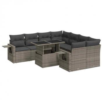 Set patio Vidaxl 9 pcs avec coussins gris en résine tressée