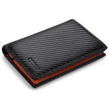 TEEHON Men's RFID‑Safe Trifold Wallet – 11 Card Holders, 2 ID Slots, Zip Coin Pocket, 2 Banknote Spaces – Black Orange