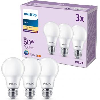 Philips LED E27 8W 806lm 2.700K satinato set di 3