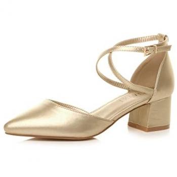 Gold AJVANI Mid Block Heel – Pointed Toe, Crossed Strap