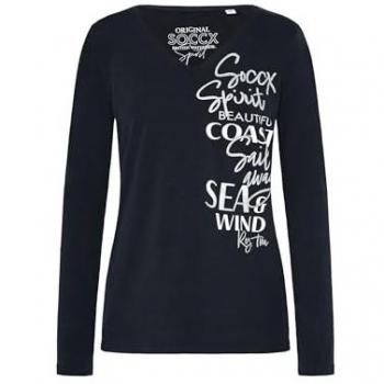 Blaues Damen-SOCCX V-Shirt mit bedrucktem Turn-Up-Ärmel, Größe XL