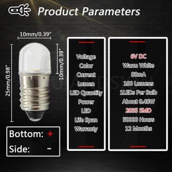 2pcs E10 Miniature Screw Base LED Lamp Warm White 3V/6V/12V