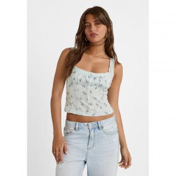 Printed Strappy Top with Lace Trim Sky Blue XL