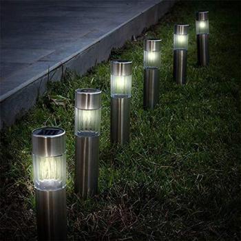 Luces Solares Inoxidables 33cm, Caja 6 Unidades, Acero Inoxidable, Luz Cálida, Recargable
