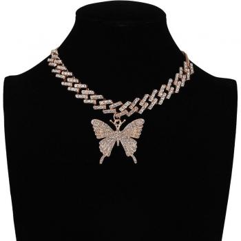Collier Ras du Cou Papillon Femme Maillons Cubains Bijoux en Strass Y2K
