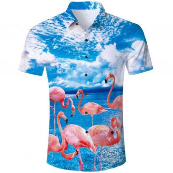 Goodstoworld Hawaii Short Sleeve Shirt Herren – Black 3D Flamingo Design, Sommer, Button Down, Blue L