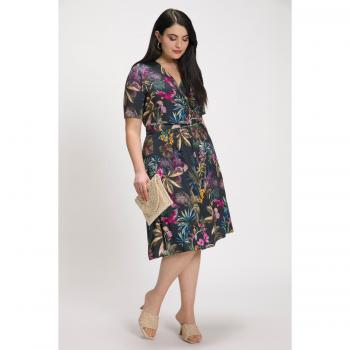 Abito midi blu con design giungla scollo a V mezze maniche taglia 64/66 in viscosa