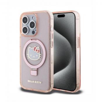 Coque Hello Kitty pour iPhone 15 Pro avec support anneau et logo MagSafe (rose)