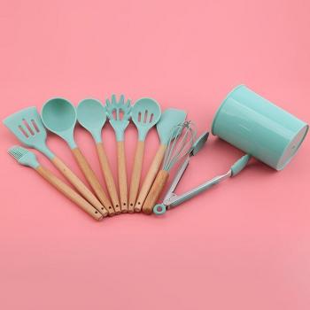 Ensemble d'ustensiles de cuisine en silicone et bois 9/12 pièces