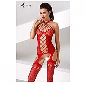 Passion Dessous Rotes Netz Ouvert Bodystocking BS056 im Strumpfhalterstil