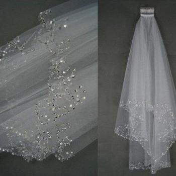 White and Ivory 2 Layer Beaded Bridal Veil